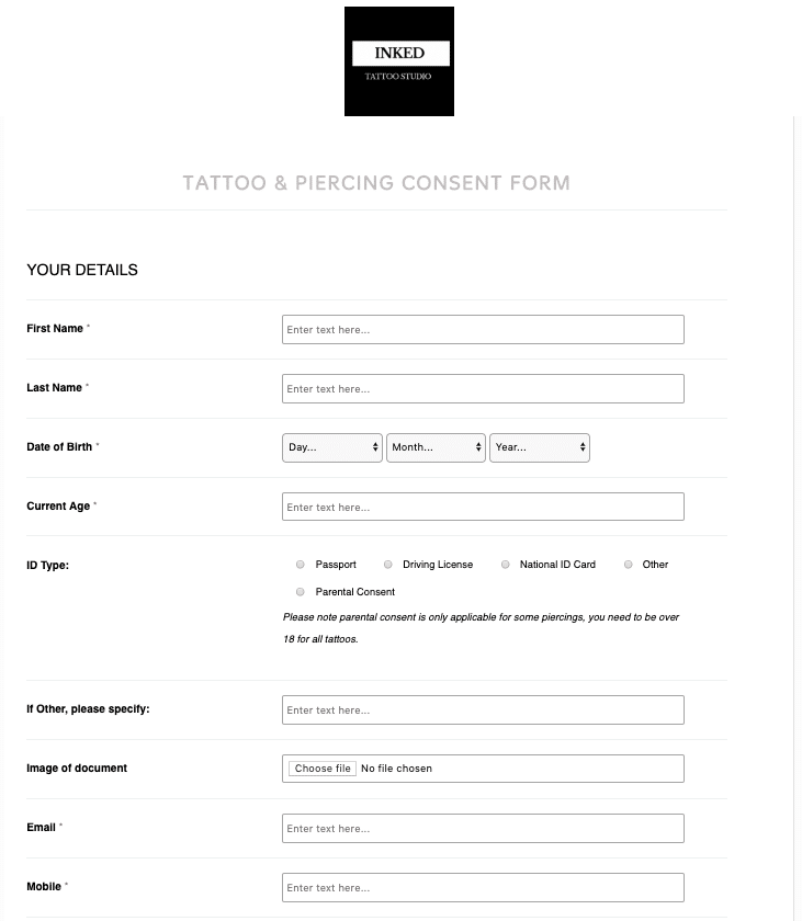 Body Piercing Consent Form Template by iPEGS Electronic Forms